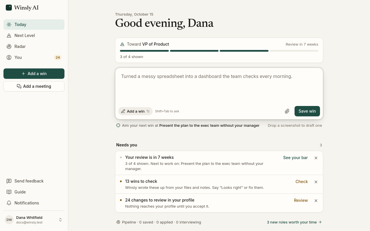 Today: where you’re headed, one box to add a win or ask your advisor, and what needs you
